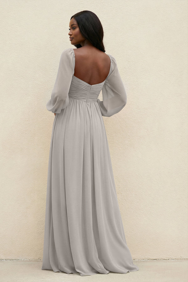 Sweetheart Long Sleeve A - Line Bridesmaid Dress in Silver - KissProm Bridesmaid Dresses