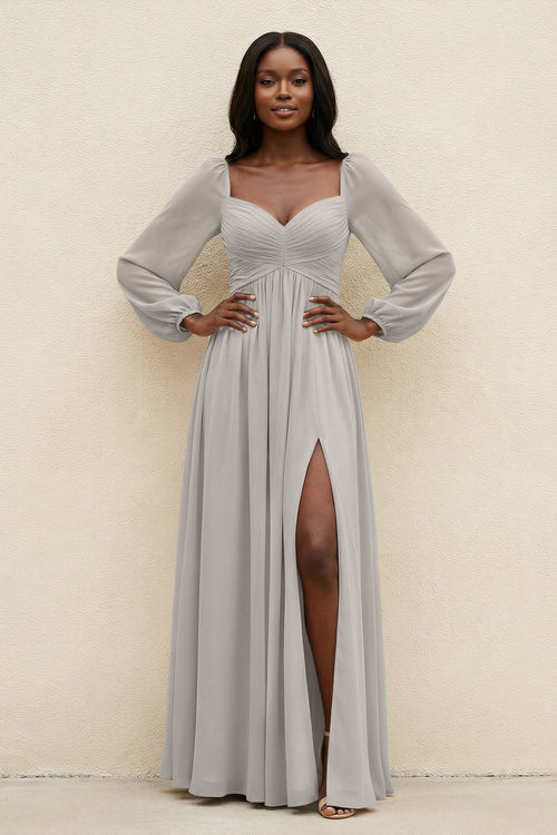 Sweetheart Long Sleeve A - Line Bridesmaid Dress in Silver - KissProm Bridesmaid Dresses