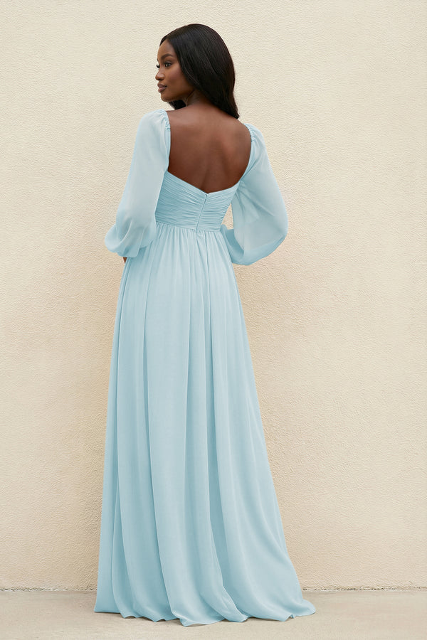 Sweetheart Long Sleeve A - Line Bridesmaid Dress in Sky Blue - KissProm Bridesmaid Dresses
