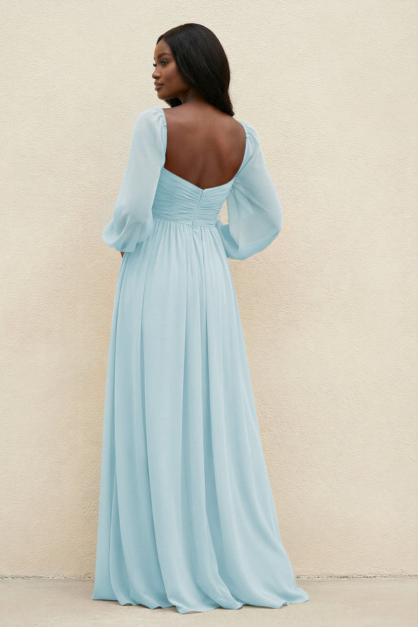 Sweetheart Long Sleeve A - Line Bridesmaid Dress in Sky Blue - KissProm Bridesmaid Dresses