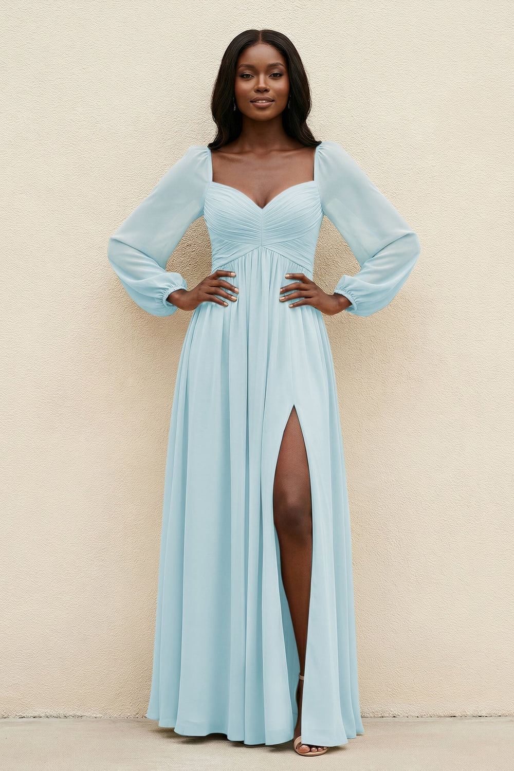 Sweetheart Long Sleeve A - Line Bridesmaid Dress in Sky Blue - KissProm Bridesmaid Dresses