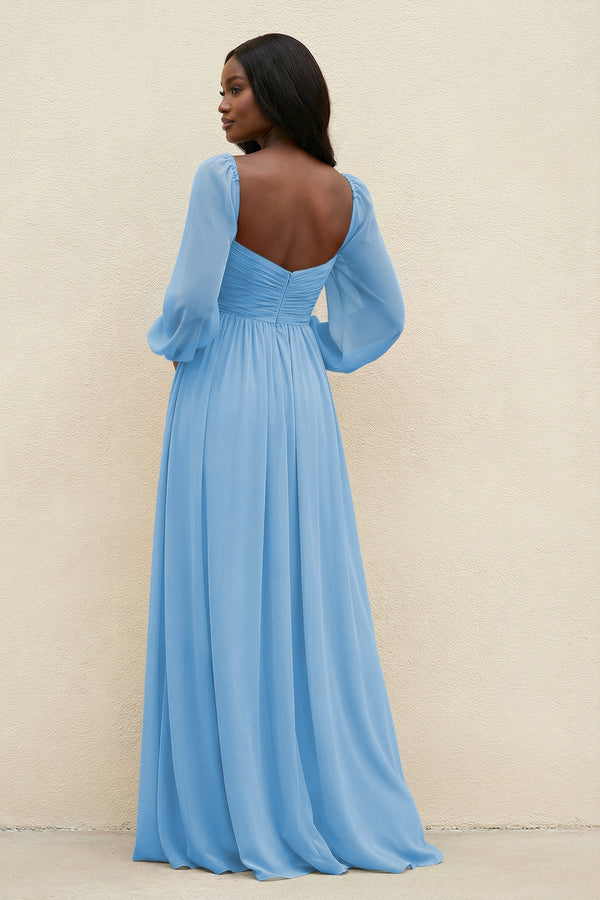 Sweetheart Long Sleeve A - Line Bridesmaid Dress in Steel Blue - KissProm Bridesmaid Dresses