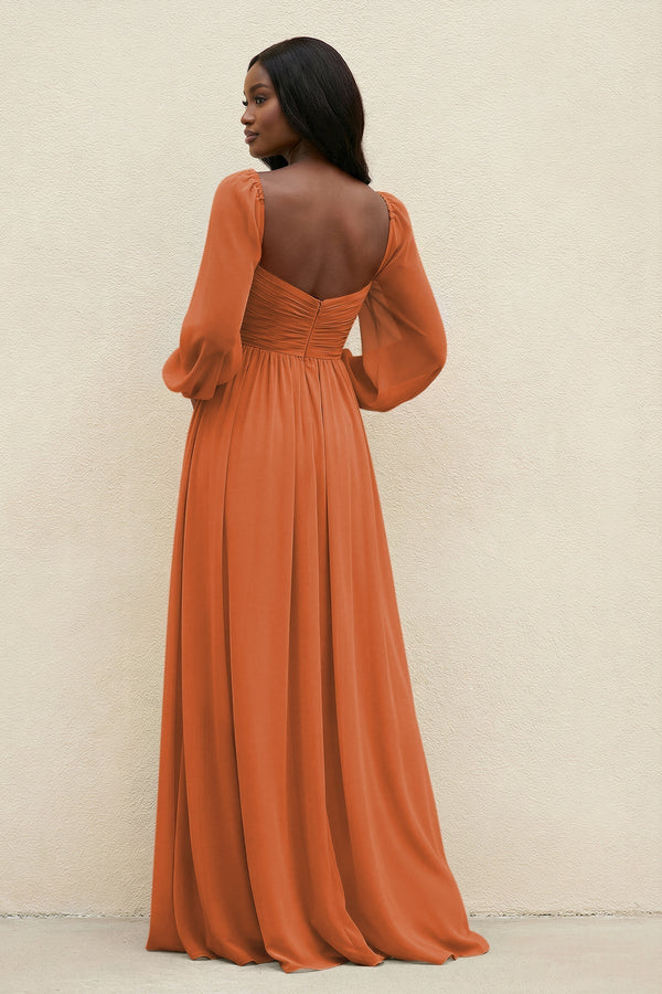 Sweetheart Long Sleeve A - Line Bridesmaid Dress in Terracotta - KissProm Bridesmaid Dresses