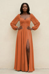 Sweetheart Long Sleeve A - Line Bridesmaid Dress in Terracotta - KissProm Bridesmaid Dresses
