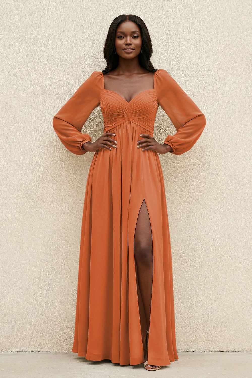 Sweetheart Long Sleeve A - Line Bridesmaid Dress in Terracotta - KissProm Bridesmaid Dresses