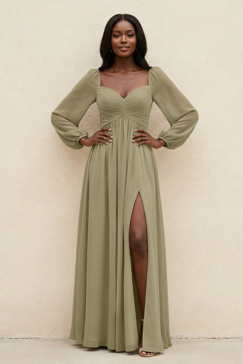 Sweetheart Long Sleeve A - Line Bridesmaid Dress in Thyme - KissProm Bridesmaid Dresses
