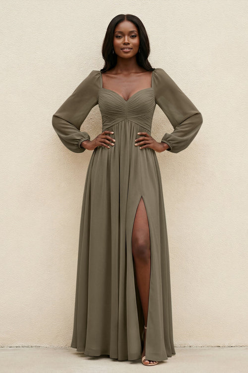 Sweetheart Long Sleeve A - Line Bridesmaid Dress in Willow Green - KissProm Bridesmaid Dresses