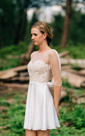 Sweetheart Long Sleeve Chiffon Tulle Lace Satin Dress With Illusion - KissProm