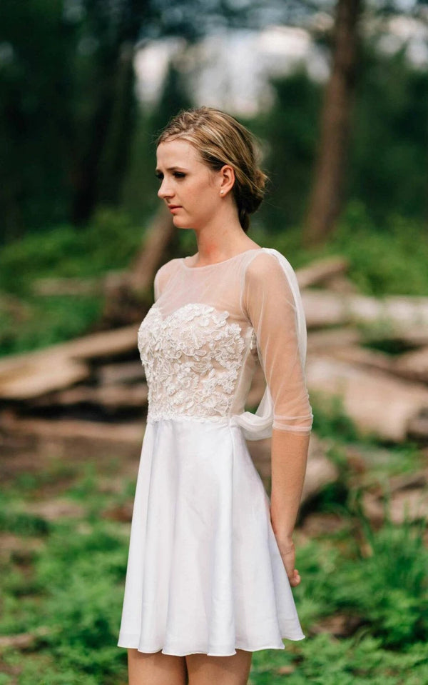 Sweetheart Long Sleeve Chiffon Tulle Lace Satin Dress With Illusion - KissProm