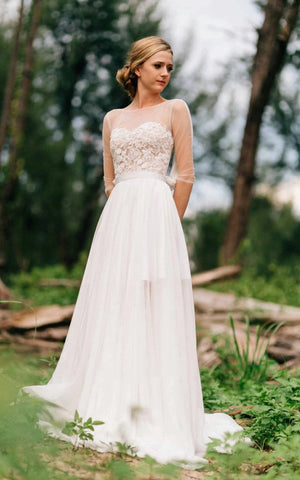 Sweetheart Long Sleeve Chiffon Tulle Lace Satin Dress With Illusion - KissProm