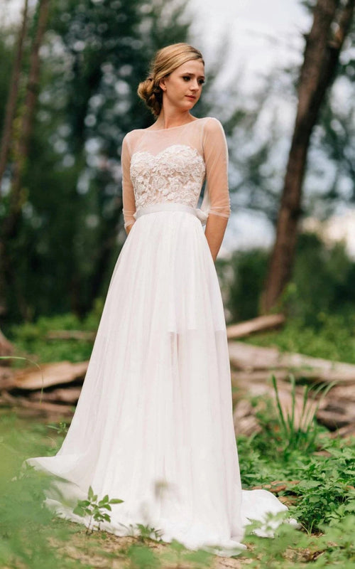 Sweetheart Long Sleeve Chiffon Tulle Lace Satin Dress With Illusion - KissProm