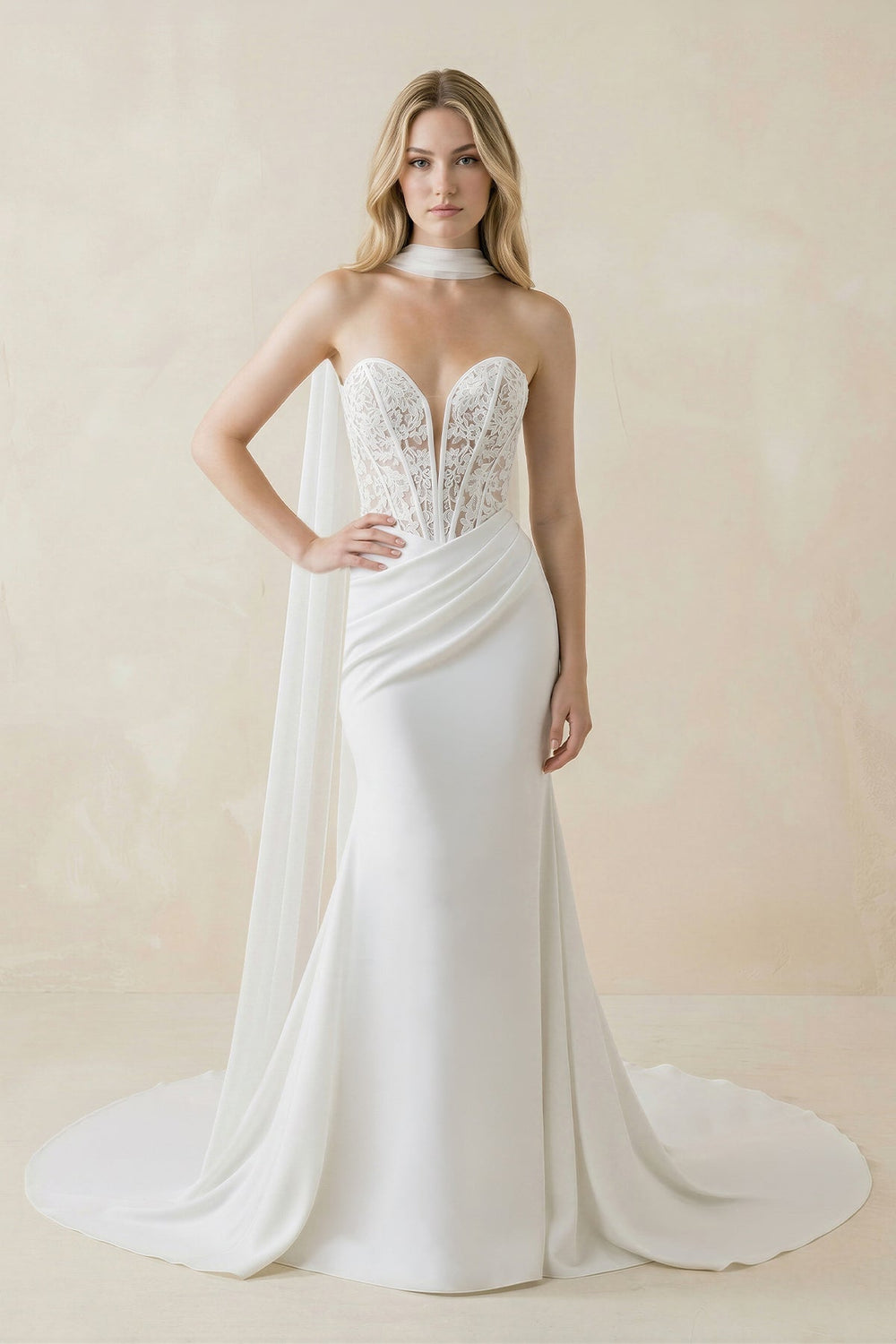Sweetheart Mermaid Corset Lace Satin Wedding Dress With Scarf in White - KissProm Wedding Dresses