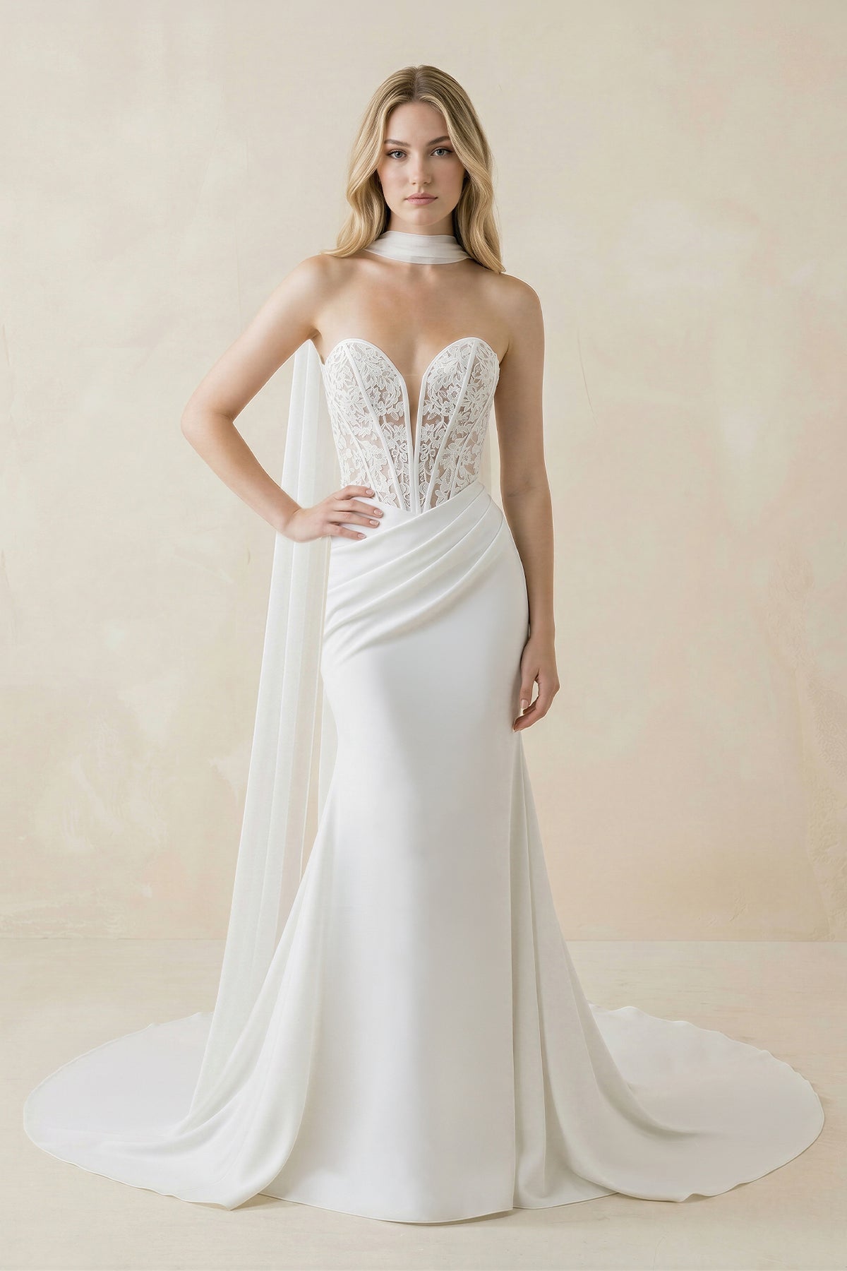 KissProm Sweetheart Mermaid Corset Lace Satin Wedding Dress With Scarf in White, White / 12