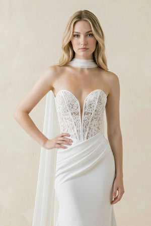 Sweetheart Mermaid Corset Lace Satin Wedding Dress With Scarf in White - KissProm Wedding Dresses