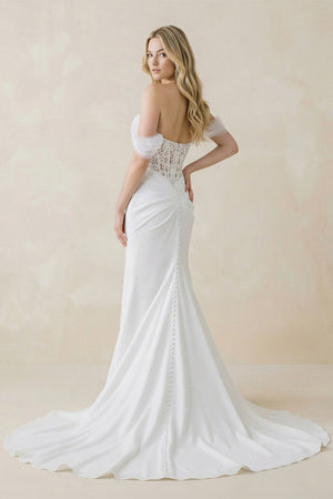 Sweetheart Mermaid Corset Lace Satin Wedding Dress With Scarf in White - KissProm Wedding Dresses
