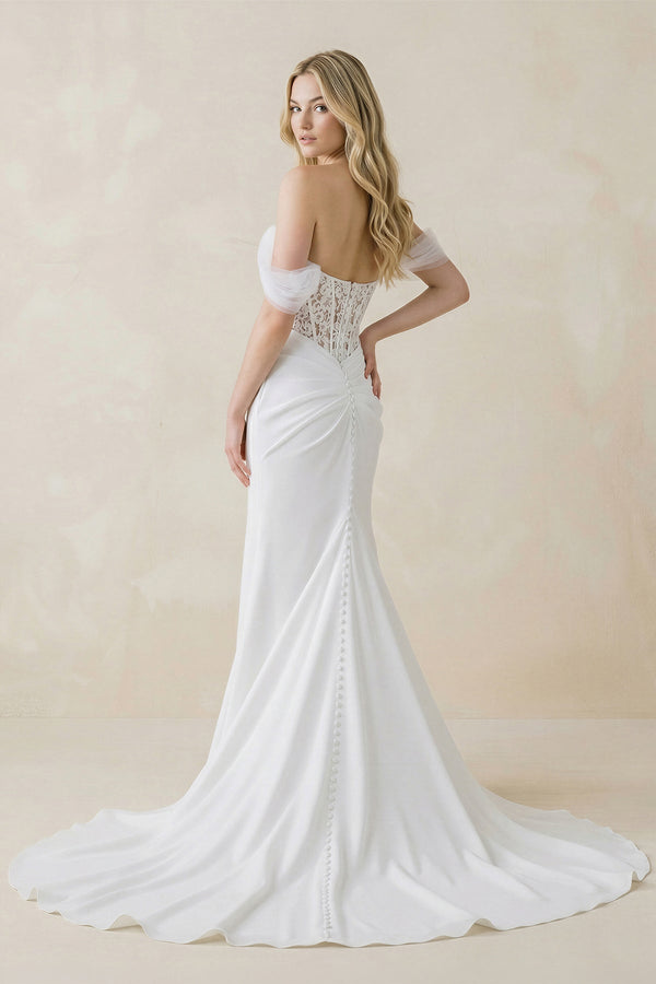 Sweetheart Mermaid Corset Lace Satin Wedding Dress With Scarf in White - KissProm Wedding Dresses