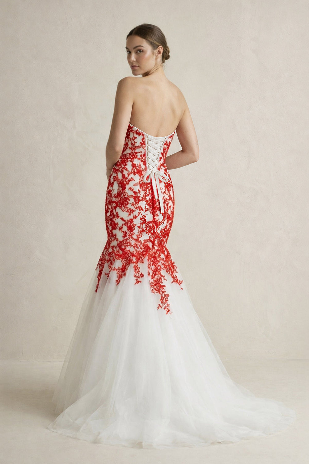 Sweetheart Mermaid Lace Appliqued Wedding Dress in Red - KissProm Wedding Dresses