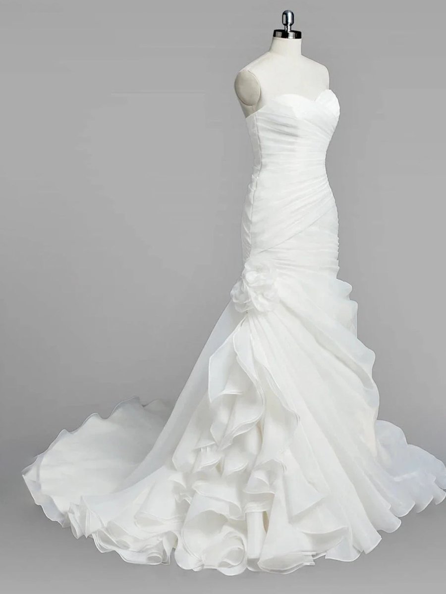 Sweetheart Mermaid Organza Wedding Dress With Ruching and Ruffles - KissProm