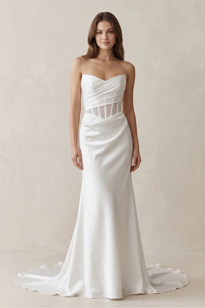 Sweetheart Mermaid Satin Corset Wedding Dress in White - KissProm Wedding Dresses