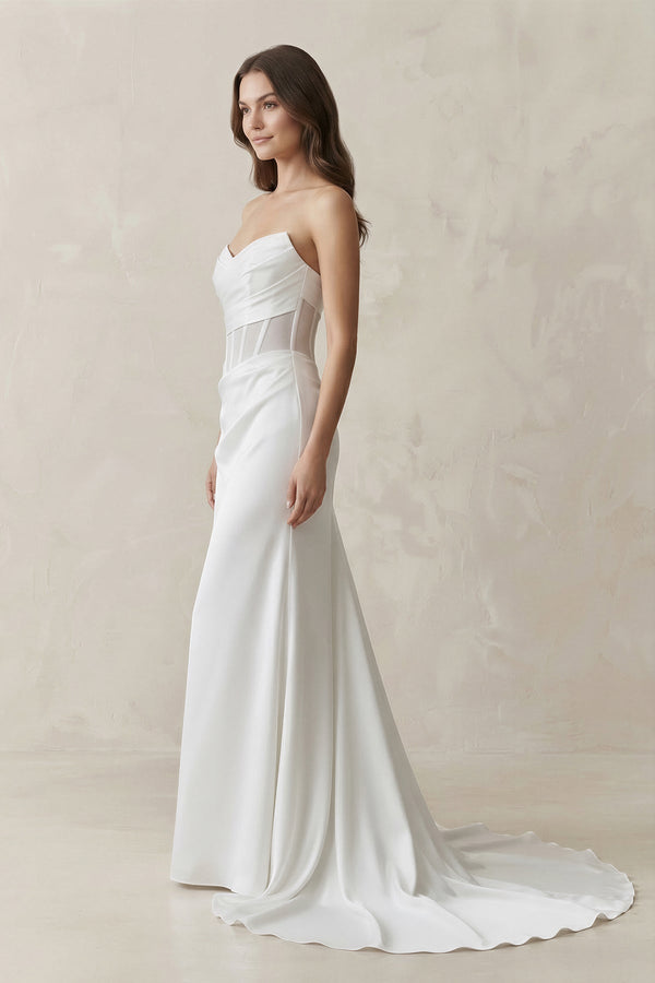 Sweetheart Mermaid Satin Corset Wedding Dress in White - KissProm Wedding Dresses