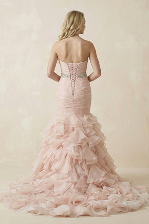 Sweetheart Tiered Train Organza Mermaid Pink Wedding Dress with Beading – Wedding Dresses by KissProm | Available at KissProm