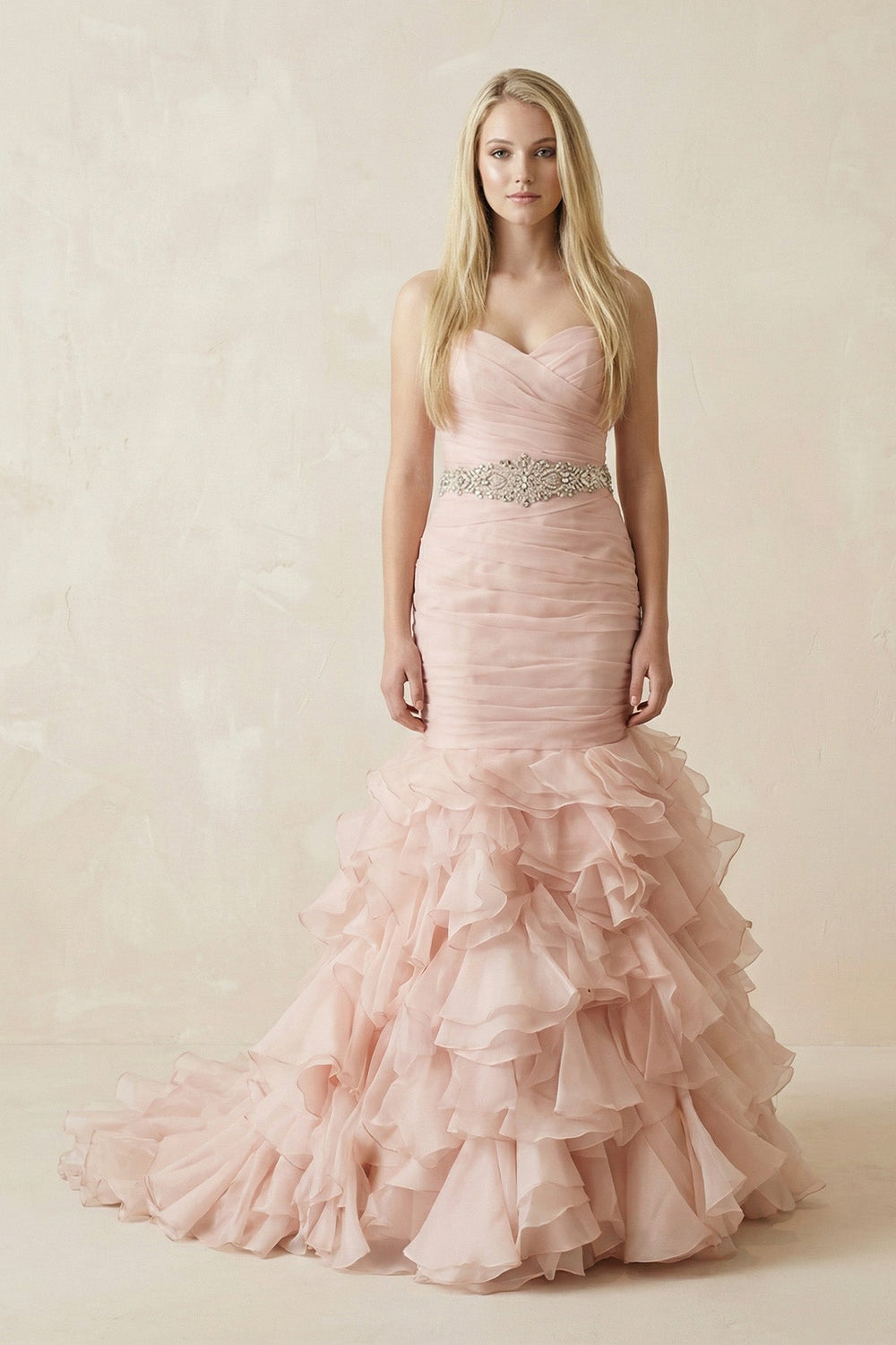 Sweetheart Tiered Train Organza Mermaid Pink Wedding Dress with Beading – Wedding Dresses by KissProm | Available at KissProm