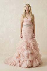 Sweetheart Tiered Train Organza Mermaid Pink Wedding Dress with Beading – Wedding Dresses by KissProm | Available at KissProm