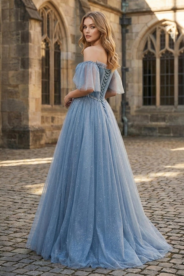 tulle gowns & formal dresses Off The Shoulder Tulle Flare Sleeves Beaded Sequin Prom Dresses Formal Evening Dresses, Blue / 10