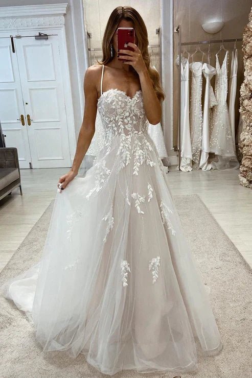 Sweetheart Spaghetti Straps Tulle A-Line With Train Wedding Dress
