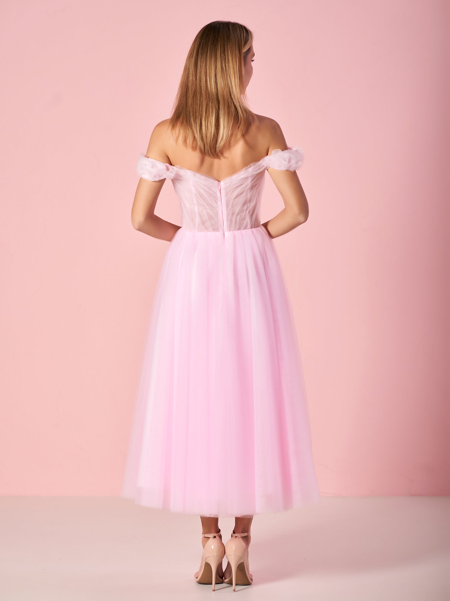 Sweetheart Neck Off the Shoulder Tea Length Tulle Prom Dress