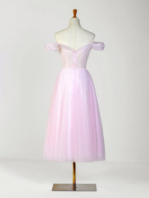Sweetheart Neck Off the Shoulder Tea Length Tulle Prom Dress