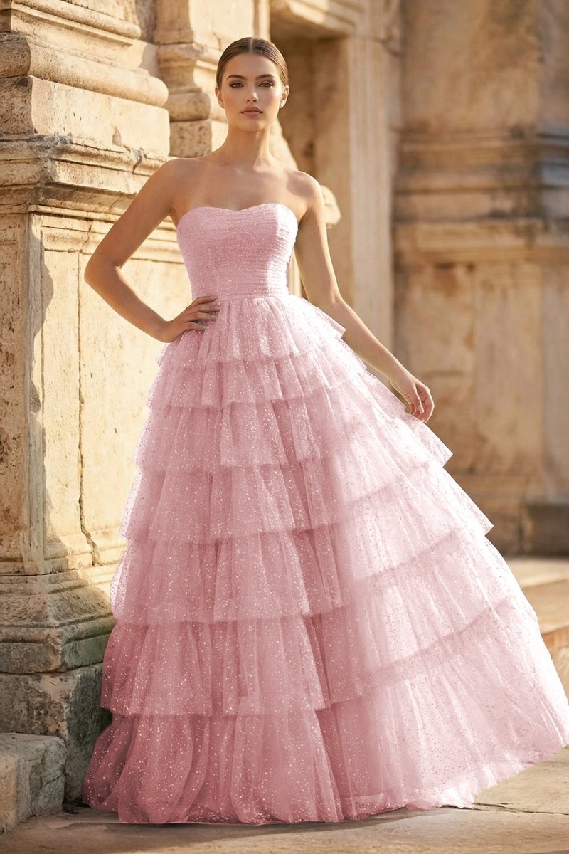 KissProm Mint Green Sweetheart Tulle Tiered A-Line Long Prom Dress with Slit, Pink / 14