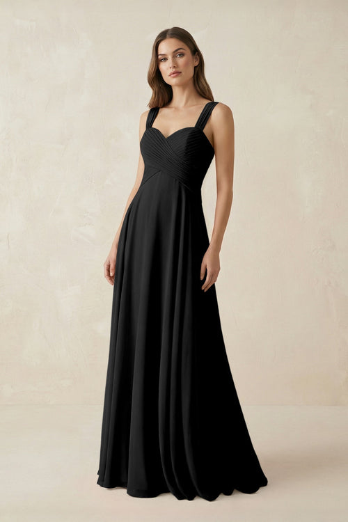 Sweetheart Pleated A - Line Chiffon Bridesmaid Dress in Black - KissProm Bridesmaid Dresses
