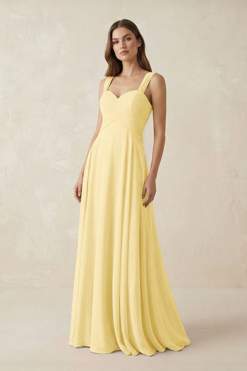 Sweetheart Pleated A - Line Chiffon Bridesmaid Dress in Pastel Yellow - KissProm Bridesmaid Dresses