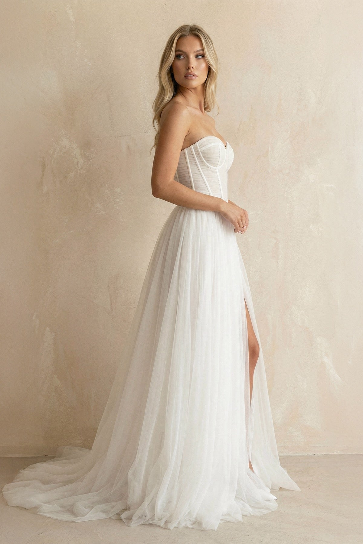 Romantic A-Line Sweetheart Tulle Beach Wedding Dresses with Slit, Diamond White / Custom size
