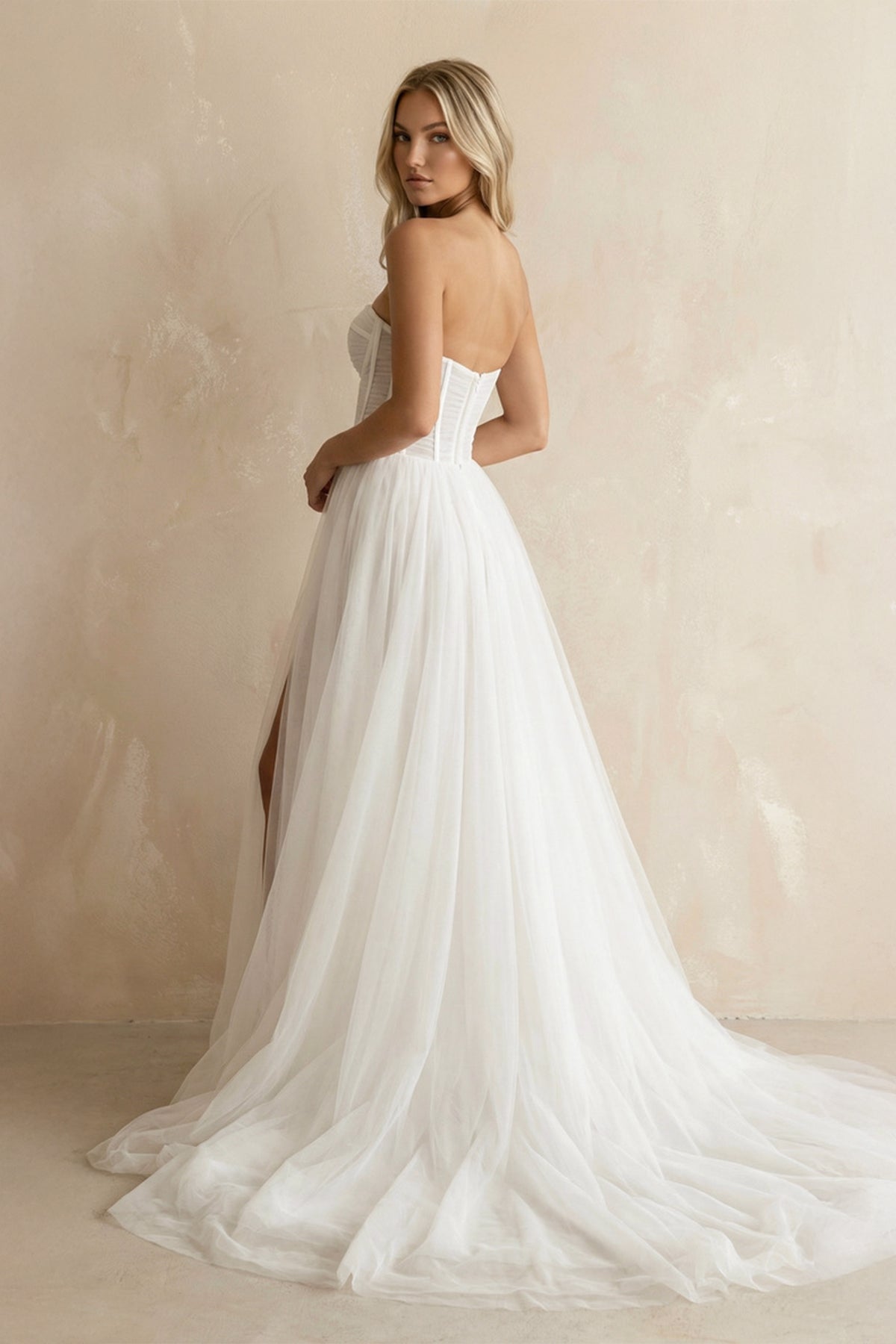 Romantic A-Line Sweetheart Tulle Beach Wedding Dresses with Slit, Diamond White / Custom size Romantic A-Line Sweetheart Tulle Beach Wedding Dresses with Slit, Diamond White / Custom size