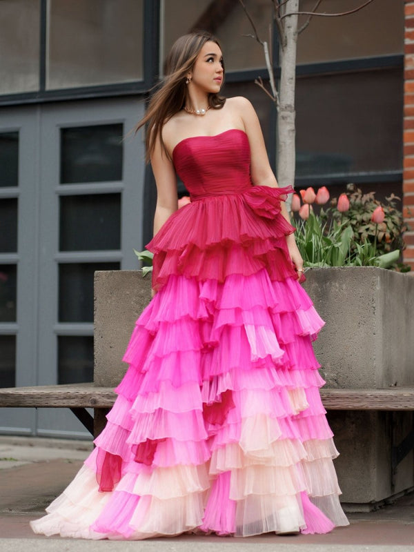 Xiomara | Sweetheart Pleated Bodice Long Prom Dress with Ruffles - KissProm