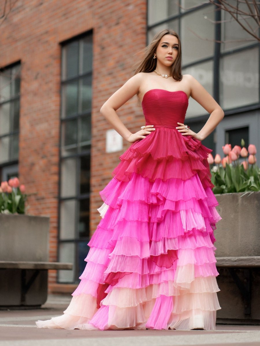 Xiomara | Sweetheart Pleated Bodice Long Prom Dress with Ruffles - KissProm