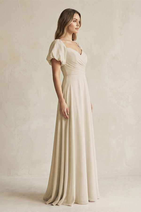 Sweetheart Puff Sleeve A-Line Chiffon Bridesmaid Dress in Champagne - KissProm BRIDESMAID DRESSES