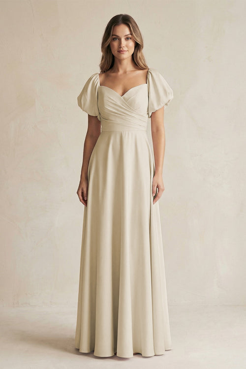 KissProm Sweetheart Puff Sleeve A-Line Chiffon Bridesmaid Dress in Champagne, Champagne / 8