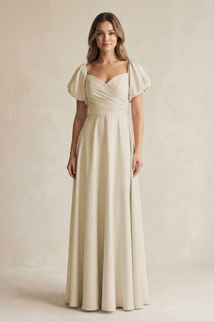 Sweetheart Puff Sleeve A-Line Chiffon Bridesmaid Dress in Champagne - KissProm BRIDESMAID DRESSES