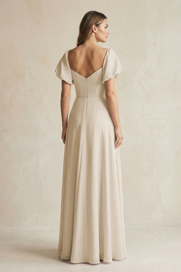 Sweetheart Puff Sleeve A-Line Chiffon Bridesmaid Dress in Champagne - KissProm BRIDESMAID DRESSES