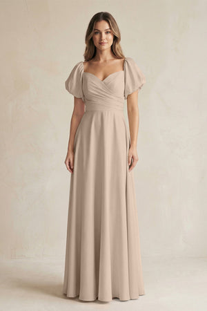 Sweetheart Puff Sleeve A - Line Chiffon Bridesmaid Dress in Almond - KissProm Bridesmaid Dresses