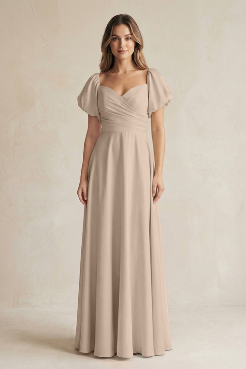 Sweetheart Puff Sleeve A - Line Chiffon Bridesmaid Dress in Almond - KissProm Bridesmaid Dresses