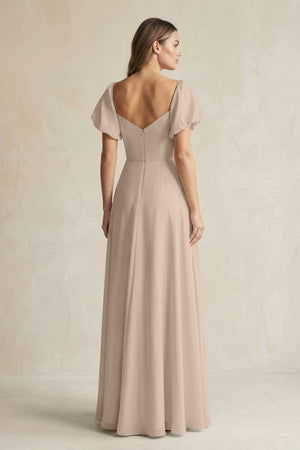 Sweetheart Puff Sleeve A - Line Chiffon Bridesmaid Dress in Almond - KissProm Bridesmaid Dresses