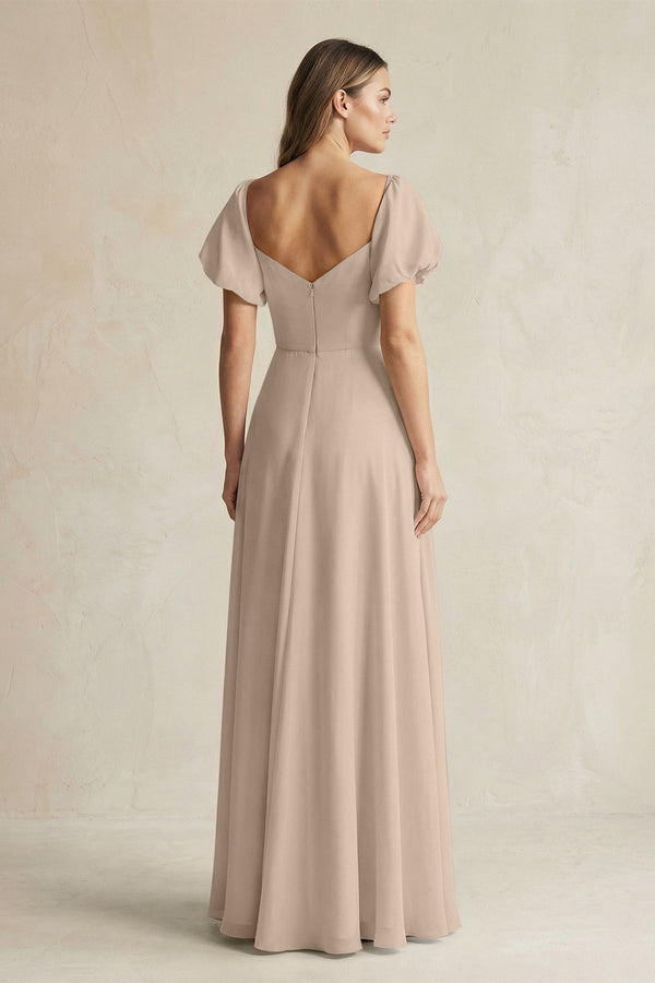 Sweetheart Puff Sleeve A - Line Chiffon Bridesmaid Dress in Almond - KissProm Bridesmaid Dresses