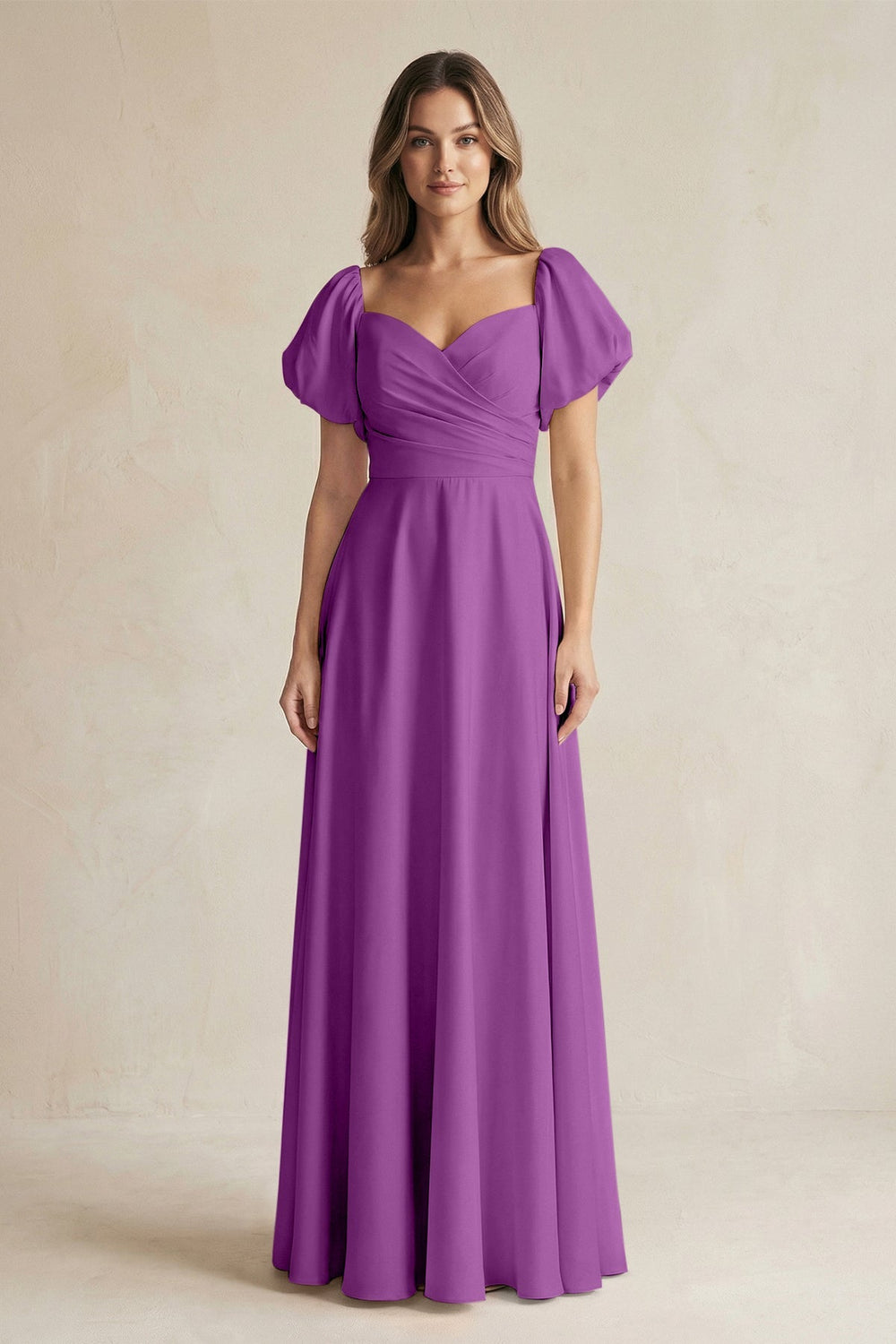 Sweetheart Puff Sleeve A - Line Chiffon Bridesmaid Dress in Amethyst - KissProm Bridesmaid Dresses