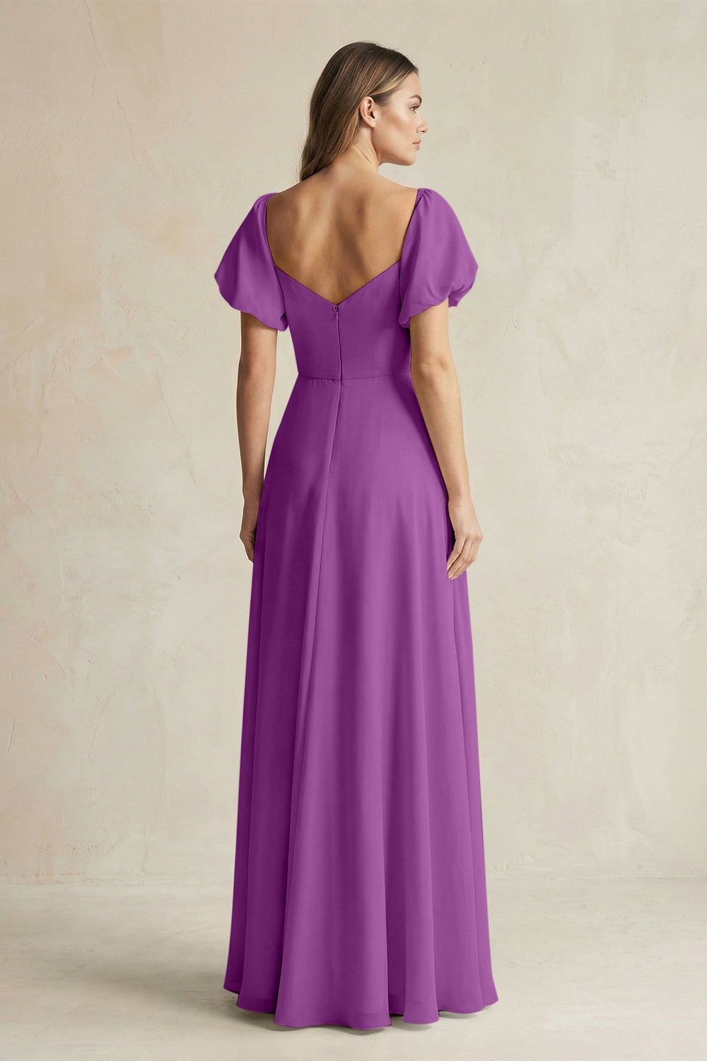 Sweetheart Puff Sleeve A - Line Chiffon Bridesmaid Dress in Amethyst - KissProm Bridesmaid Dresses