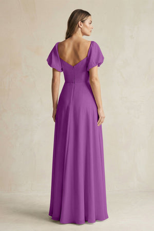 Sweetheart Puff Sleeve A - Line Chiffon Bridesmaid Dress in Amethyst - KissProm Bridesmaid Dresses