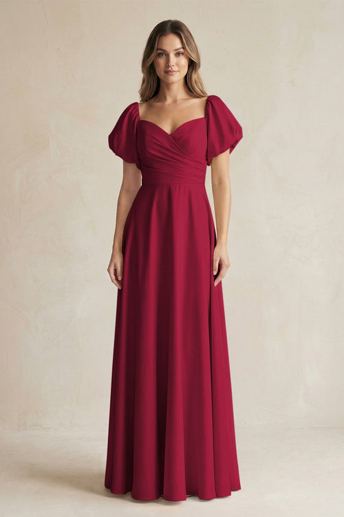 puff chiffon red dress KissProm Sweetheart Sleeve A-Line Bridesmaid in Spice, Spice / 22 Chiffon Color Red Floral Shimmer Chiffon Ruffle